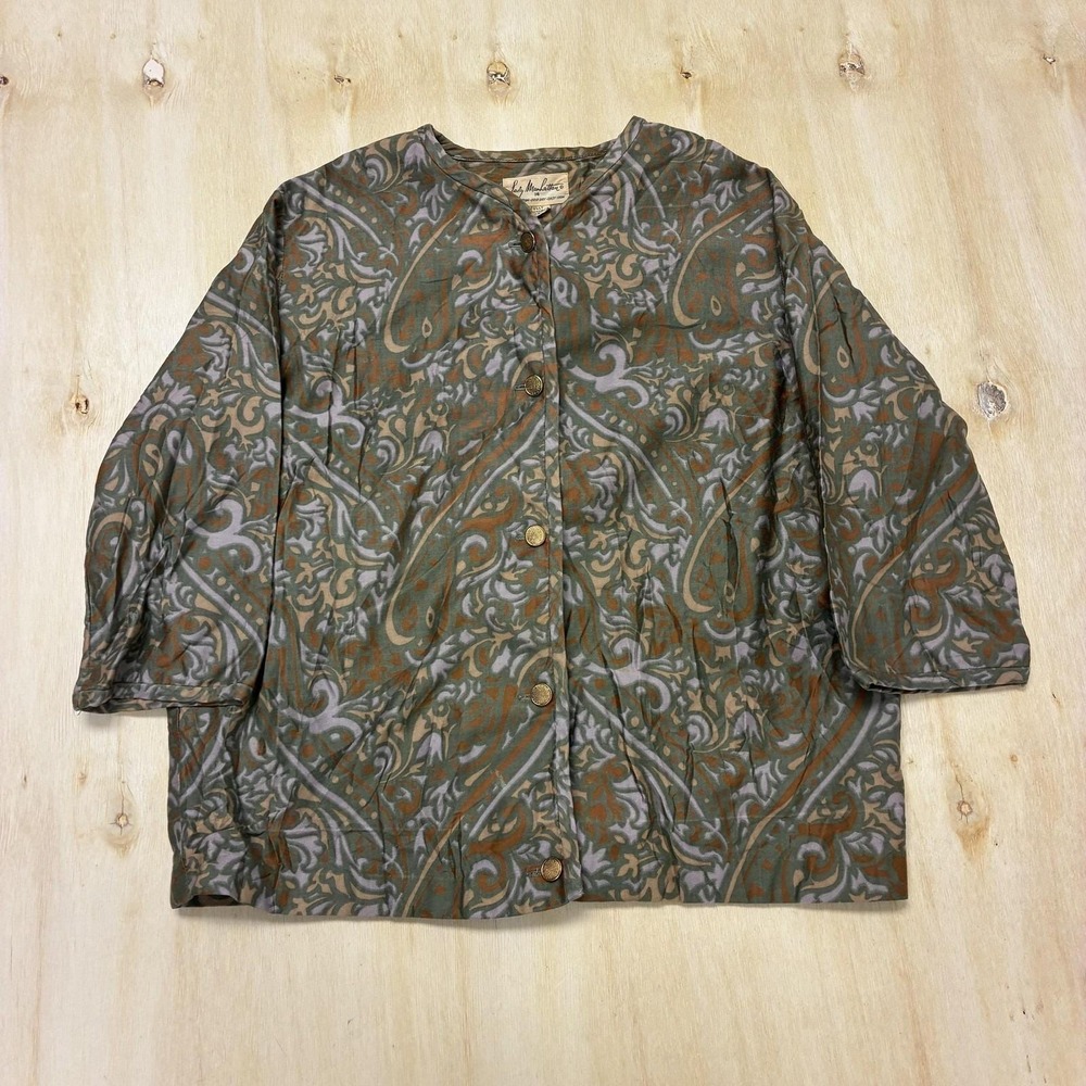 Vintage Lady Manhattan Blouse Womens 14 Green Paisley Button 3/4 Sleeve Top